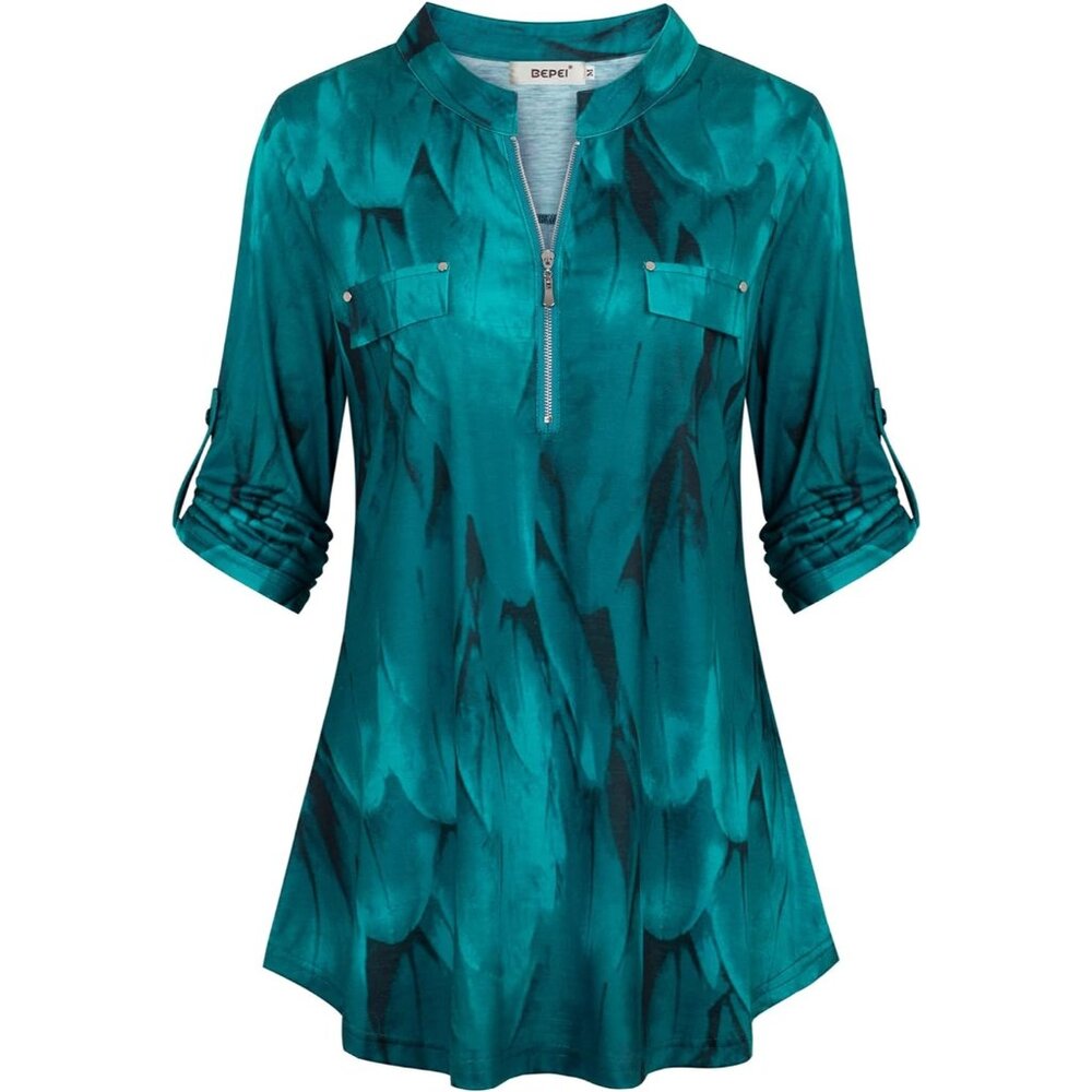 Womens A Peacock Blue Floral 3/4 Sleeve Shirts Zip V Neck Work Chiffon Top